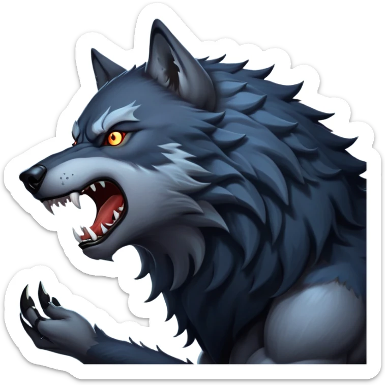 cinematic-noble-fierce-werewolf-howling-portrait-emoji, poised-and-imposing, with a fierce wolfish face tilted upwards in a haunting howl, glowing eyes full of primal ferocity, sharp, and a rugged snout, fur rippling in shades of midnight black and silver, muscles tensed as the powerful howl echoes beneath the moonlit sky; rendered with realism, capturing the raw, untamed power of the beast in its wild, primal state sticker