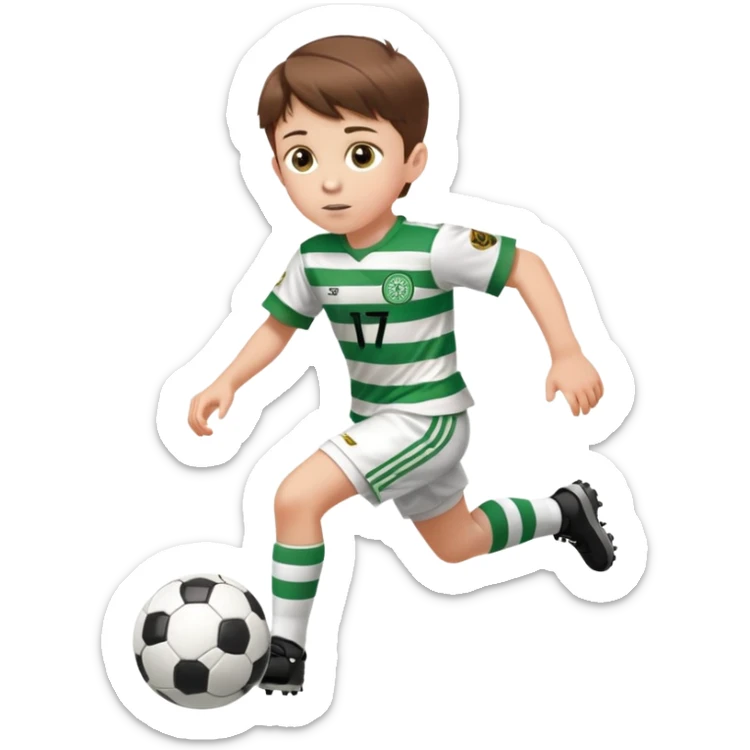 Celtic footballer jersey logo  6 years old brown hair white boy , brown eyes , stripes uniform , RUNNING  with soccer ball is number  17 celtic football logo  ONE CELTIC LOGO ONLY white shorts sticker