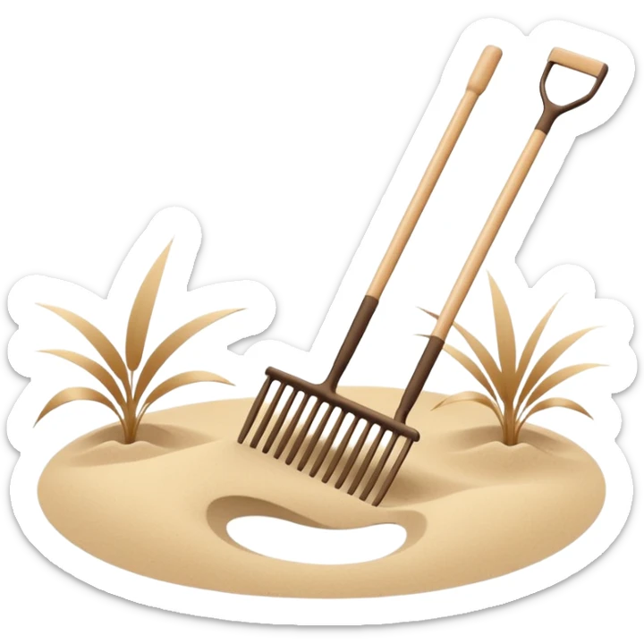 Minimalist emoji of a Japanese zen garden rake with four teeth, elegant thin lines, light wood tone, sand-beige palette, flat vector style, calm and balanced aesthetic, zen-inspired, transparent background, premium minimal design sticker
