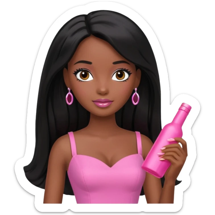 Darker skin Black barbie, long black  hair, pink dress sticker