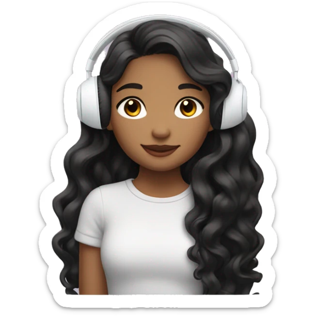 Girl with brown eyes and long black wavy hair listening music with airpods max sticker