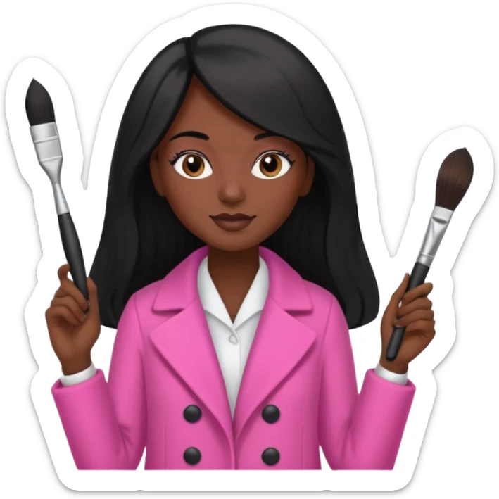 Cosmetologist, dark skin, long black hair, with cosmetology brush, and pink coat sticker