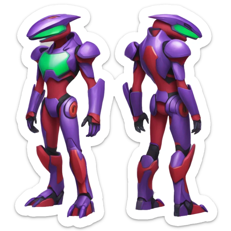 a purple-green-red Genesect-Raptor-Fakémon—hybrid with a futuristic visor-helmet full body sticker
