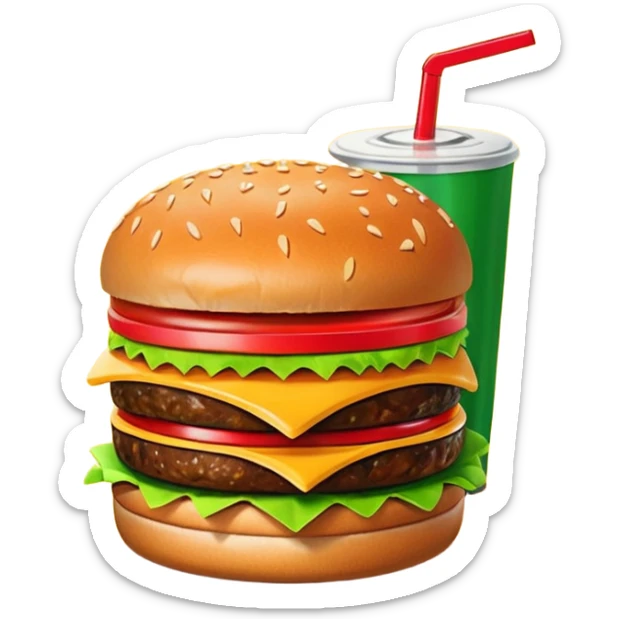 A clean and simple icon of fast food in emoji-style illustration. A burger with fries and a soda cup, bright and bold colors, simple shapes, flat design, high contrast, inviting and appetizing. sticker