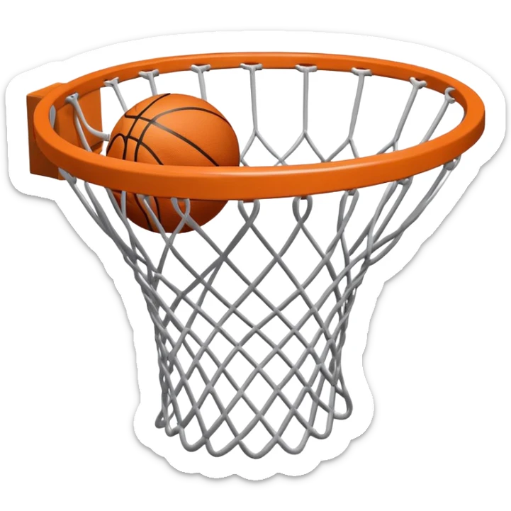 A close-up of a basketball shild and hoop with the ball swishing through the net, captured mid-air. The background emphasizes the tension and excitement of the moment, with the rim and net in sharp focus, showcasing the precision and skill of the sport. sticker