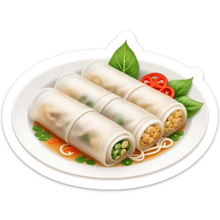 Hangzhou Pian Er Chuan thin rice noodle rolls with fillings, simplified emoji style with bold outlines and bright colors, cartoon style Zhejiang specialty resembling Cheung Fun sticker