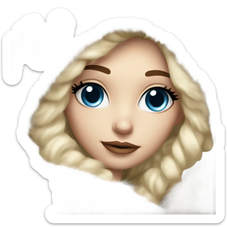 Beautiful Girl with lashes and blue eyes, blonde hair, in a extremely big fluffy oversized white fur coat with hood on. The fur is real and it’s very obvious big and fluffy  sticker