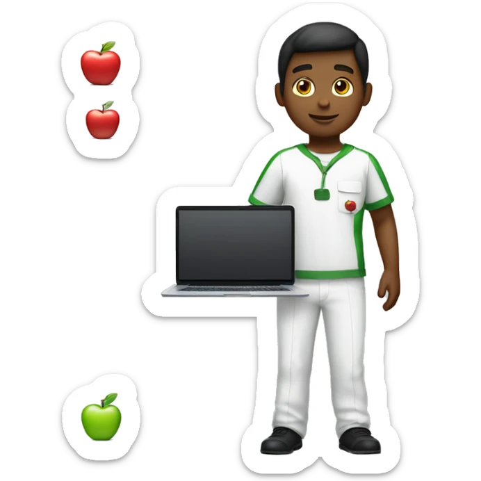 Full body white boy, wearng the apple uniform, and holdin a laptop with apples T&C's sticker