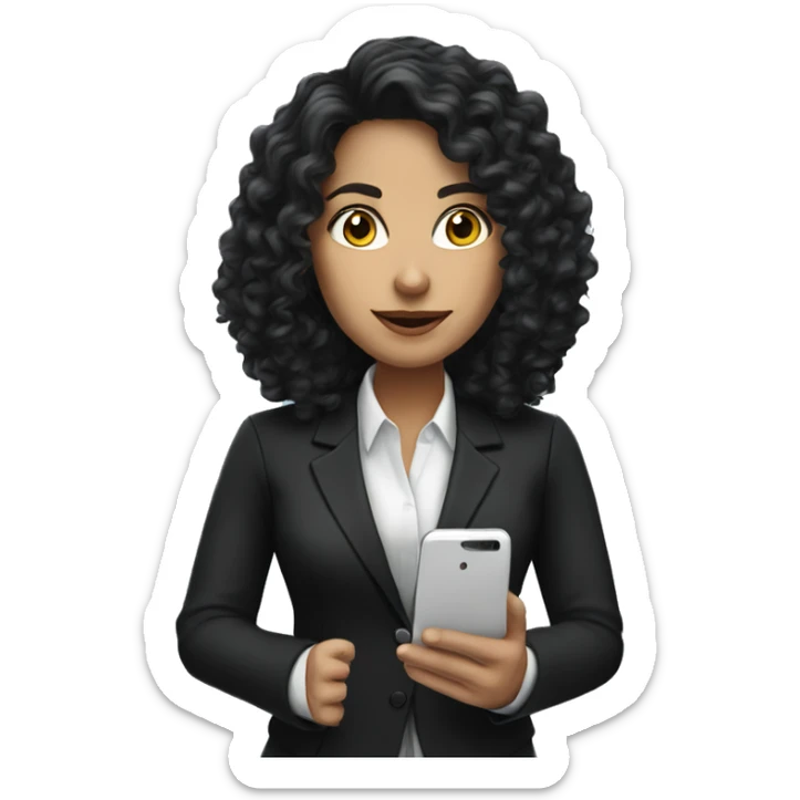 corporate white woman, long black curly hair, with a phone, black blazer  sticker