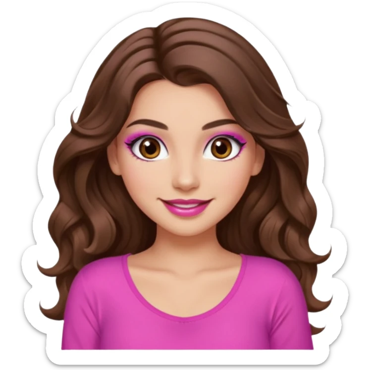 girl with long wavy brown hair, brown eyes, long lashes makeup, sexy pink lips, light to medium complexion, wearing a pink sexy top sticker