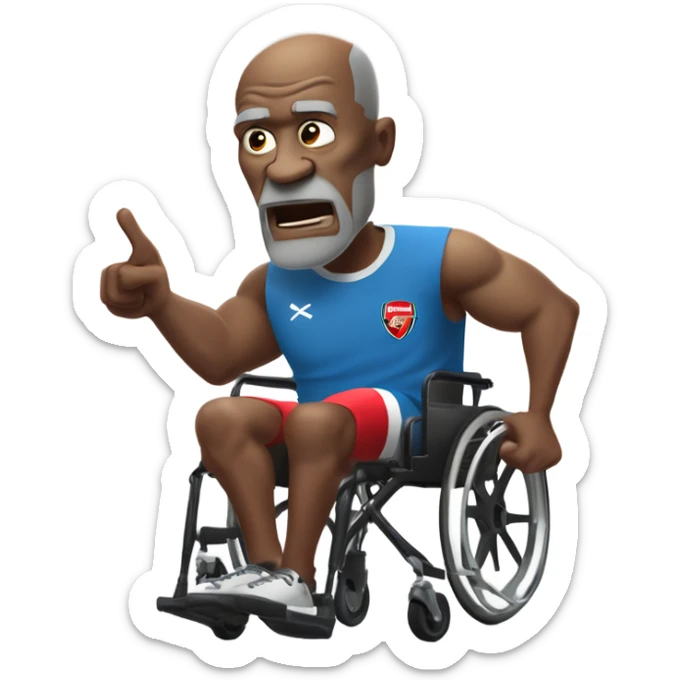 old black bald man with a protruding round pot belly in wheelchair. angry face. grey stubble. he is pointing finger in front. Arsenal soccer shirt. mouth word bubble sticker