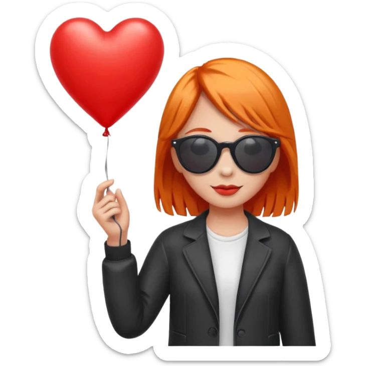 orange hair girl with sun glasses holding red heart balloon sticker