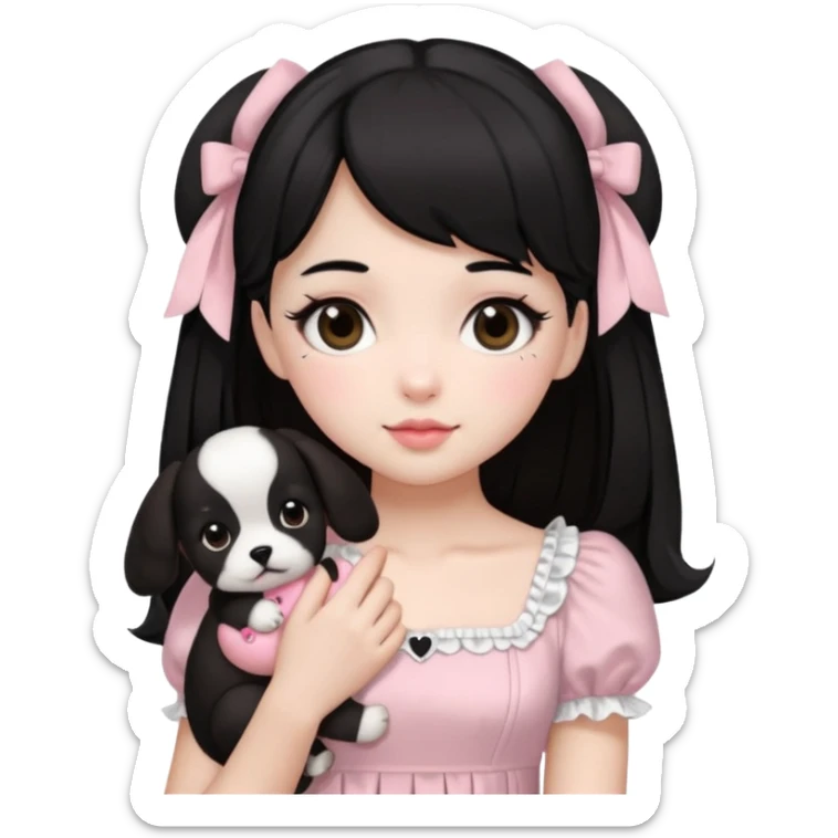 sweet lolita black hair brown eyes white skin light pink dress holding a shizu black and white puppy emoji created using Al. Copy and paste sweet lolita blond hair blue eyes white skin light pink dress emoji sticker