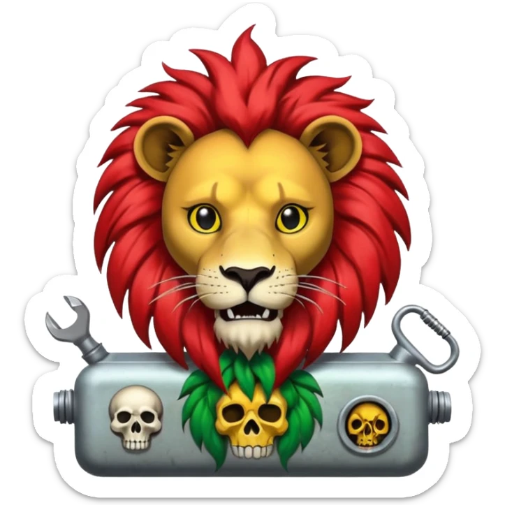 Create a power station with a rasta cap on with red gold green grafite of a lion and skulls with Fred the fossibot grafted on it sticker