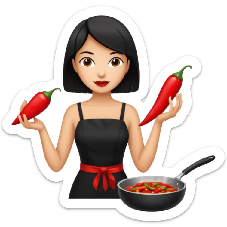 black short shoulder length hair tanned woman, black dress cooking, holding chili pepper sticker
