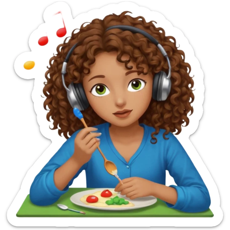 Brown curly hair girl blue green eyes painting sleeping eating dancing listening to misic sticker