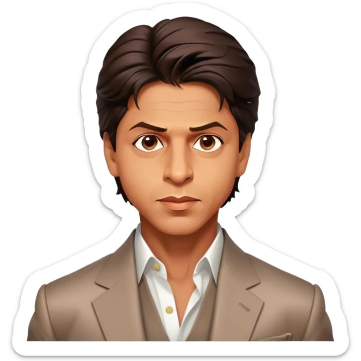 Cinematic Realistic portrait of Shah Rukh Khan, portrayed as a charismatic film star with expressive features and stylish contemporary attire, rendered in rich, dynamic lighting that captures his magnetic presence sticker