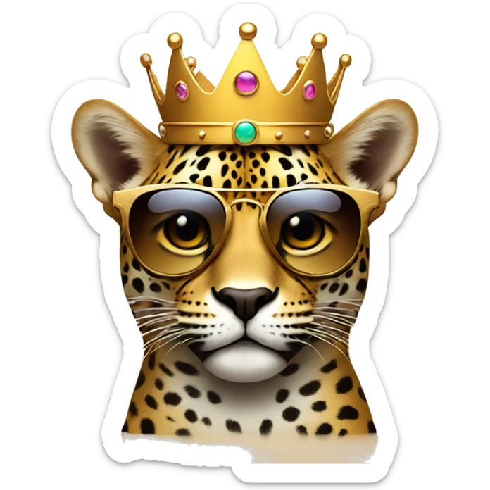 jaguar cat dj, cute emoji face, looking forward, wearing cool sunglasses, wearing over-ear headphones, wearing a fun crown on top of his head sticker
