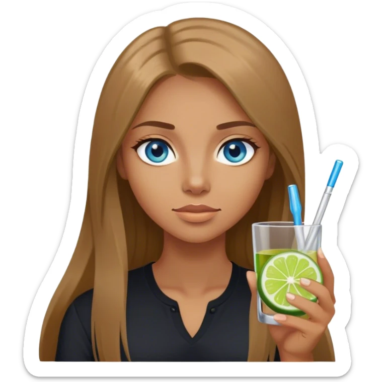 tan woman, black shirt, long light brown straight hair, grey blue eyes, holding a shot with lime sticker