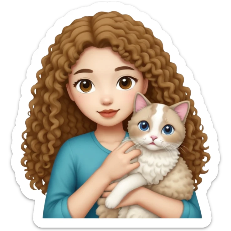 a curly asian girl with a seal point ragdoll cat in the hand sticker