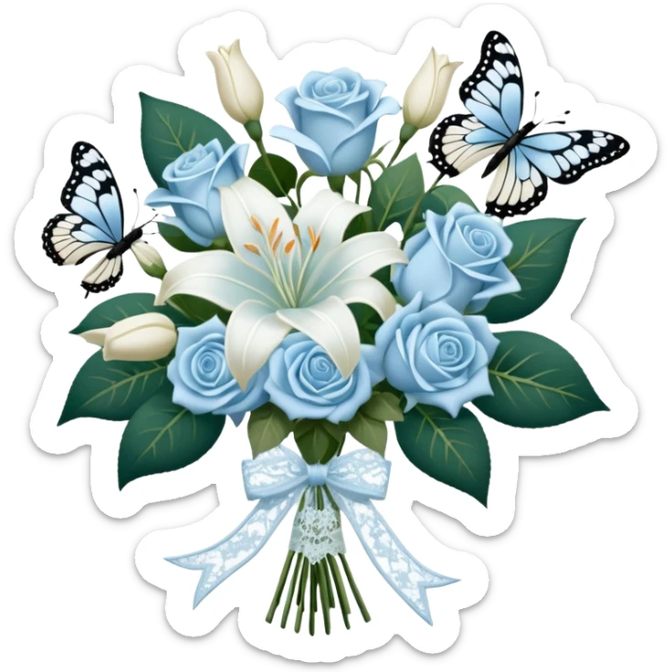 A classic bouquet of pale blue roses, delicate white lilies, and trailing jasmine, tied together with an embroidered ivory ribbon. A butterfly with lace-like wings hovers nearby, casting a soft, intricate shadow over the bouquet. sticker