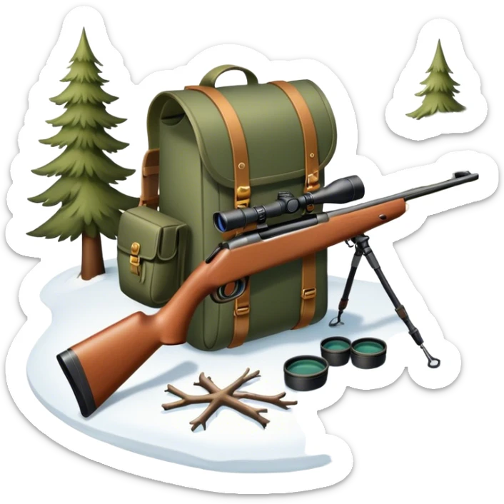 Icon for Hunting Tourism: a hunting rifle, binoculars, and animal tracks in the snow, with a forest background and a hunter’s backpack. The icon should represent the adventure and experience of hunting in nature. Transparent background. sticker