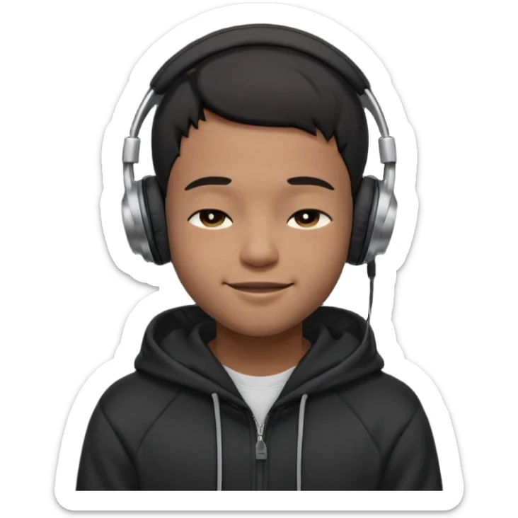 Young Black male, short hair, eyes closed, soft cheeky smile, calm and proud vibe. Dark hoodie, big black over-ear headphones. Focus on face and expression; exaggerate smile and eyes for small emoji size. Background optional. sticker