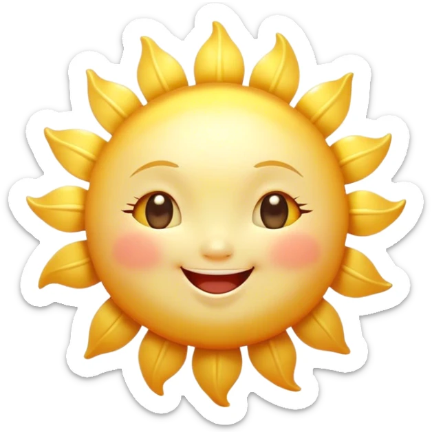 Cinematic tiny happy sun, golden and round, chubby with a warm smile, gentle rays beaming softly, radiating warmth and happiness, irresistibly cute. sticker