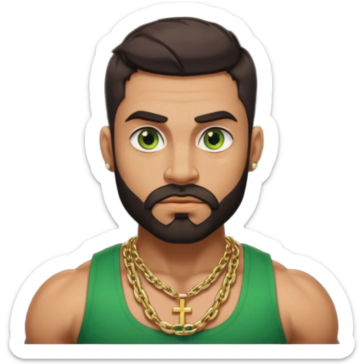 green eyes, dark short hair, muscular shoulders, wide cross, gold chain, big lips big nose big eyes, masculine good looking, dark beard, muscular strong looking sticker