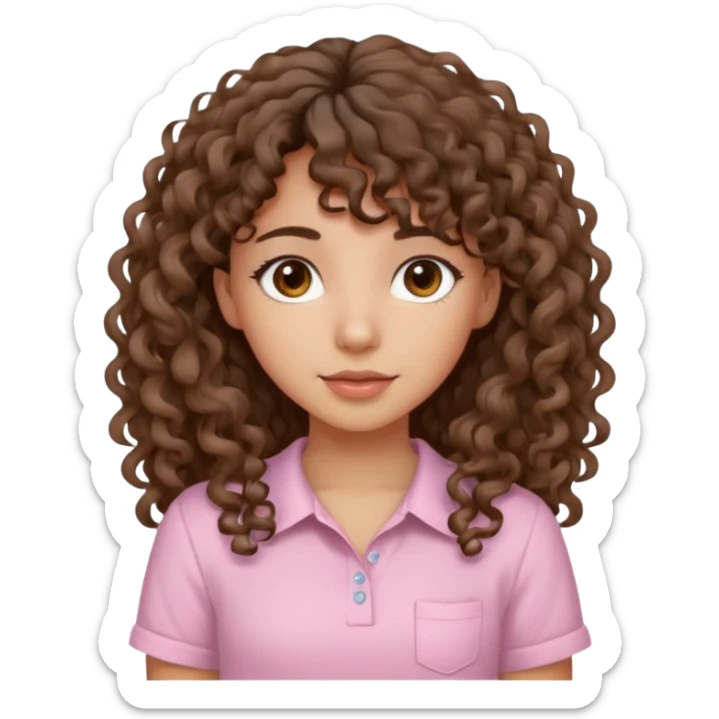 A Latina girl with brown eyes and long loose curly hair with curly bangs with a light pink shirt sticker