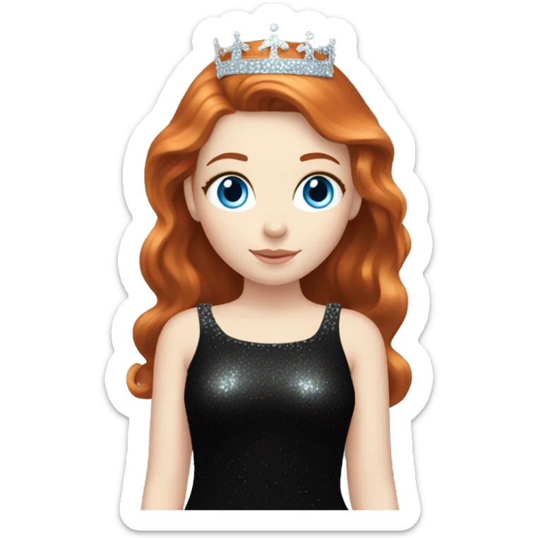 Beautiful girl with redhair, pale skin and bright blue eyes. She wears a sparkly black dress and a silver crown  sticker