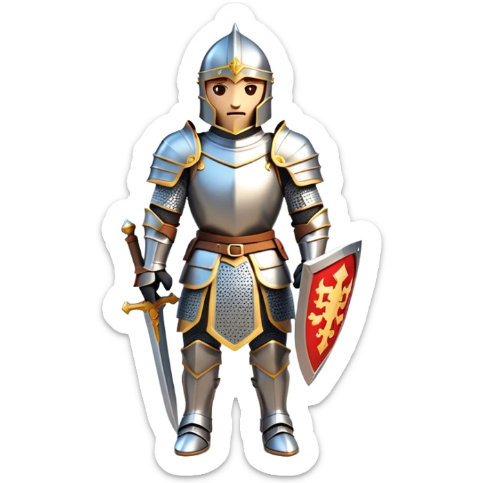 Clash of Clans aesthetic: Cinematic heroic Armored Knight Hero Emoji, rendered in a 3D vector-style similar to standard emojis with minimal shading and bold, simplified shapes. A compact, isometric warrior clad in gleaming plate armor with intricate heraldic details, softly glowing with a chivalrous medieval charm. Simplified yet unmistakably iconic, highly detailed and consistent, glowing with a soft radiant shine and high polish. Stylized with a touch of noble valor and a soft glowing outline, wearing a full face helm so that no face is visible with only eyes visible, capturing the essence of a gallant knight ready for honorable battle with a friendly, playful manner! sticker