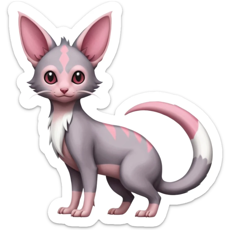 Minccino-Lykoi-Emolga-Sphynx-Linoone-Zangoose-fusion-hybrid-animal-Fakémon-creature, full body, thin long sleek scaly tail, intricate markings sticker