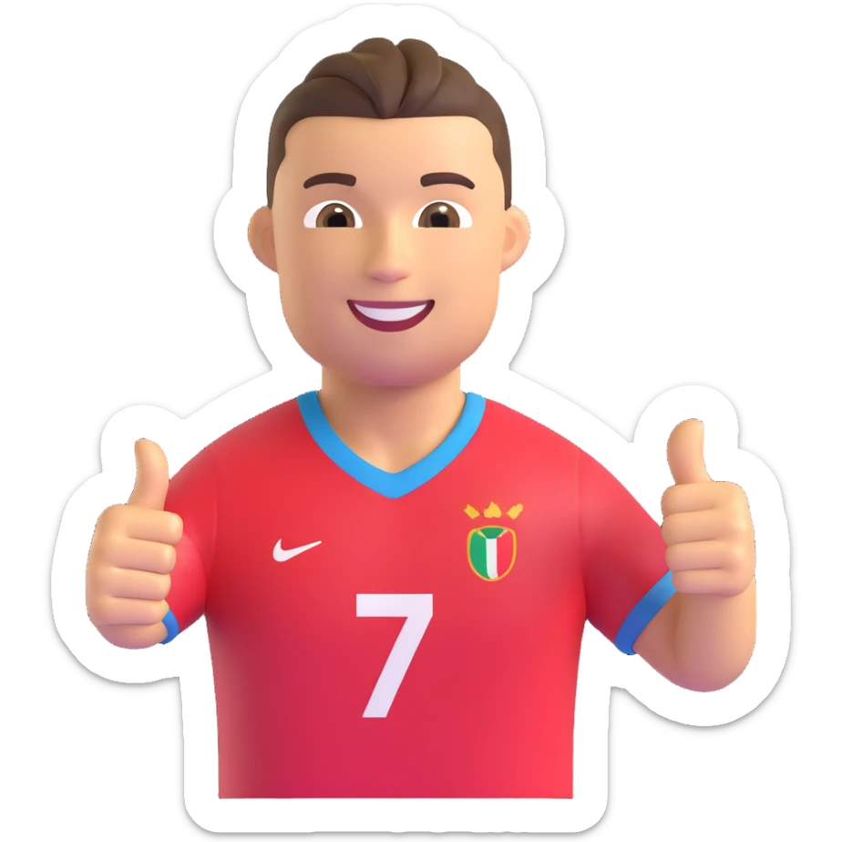 Ronaldo as a 3D emoji, smiling and giving a thumbs up, football jersey sticker