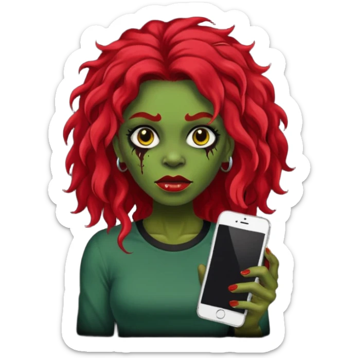Faça me um emoji de um zumbi mulher de cabelos vermelho escuro longos ondulado usando uma blusa preta, faça no estilo iphone, o tom de pele dela tem que ser verde  sticker