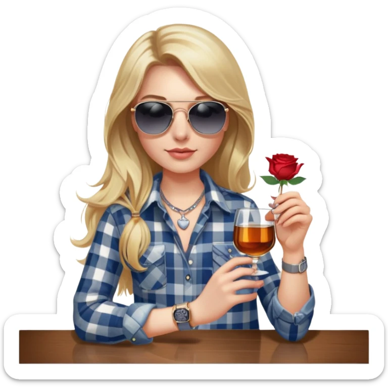 girl with long blond hair, wearing grey/white plaid shirt, with blue eyes and aviator sunglasses, wearing a ring on her silver necklace around her neck, holding a glass of whiskey, wearing rose gold apple watch sticker