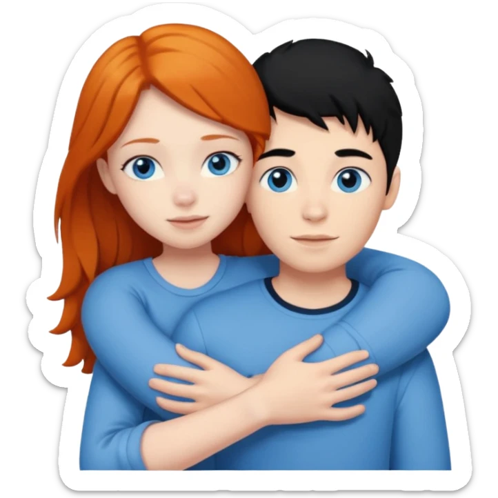 Ginger boy without facial hair hugging girl with black hair. Both have blue eyes.  sticker