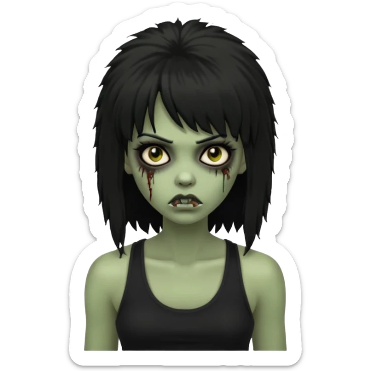 a female zombie with sage green skin, black long afro afro hair with bangs, and a black tank top  sticker