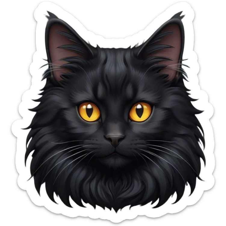 Cinematic Adorable Fluffy Black Maine Coon Cat Portrait Emoji, Head tilted playfully and inquisitively, sleek jet-black fur with a soft, velvety texture, Simplified yet charming features, highly detailed, glowing with a warm, mysterious glow, high shine, curious and affectionate, stylized with a touch of whimsy, bright and alert, soft glowing outline, capturing the essence of a mischievous yet loving kitten, so endearing it feels like it could pounce out of the screen with its fluffy tail swishing gracefully! sticker