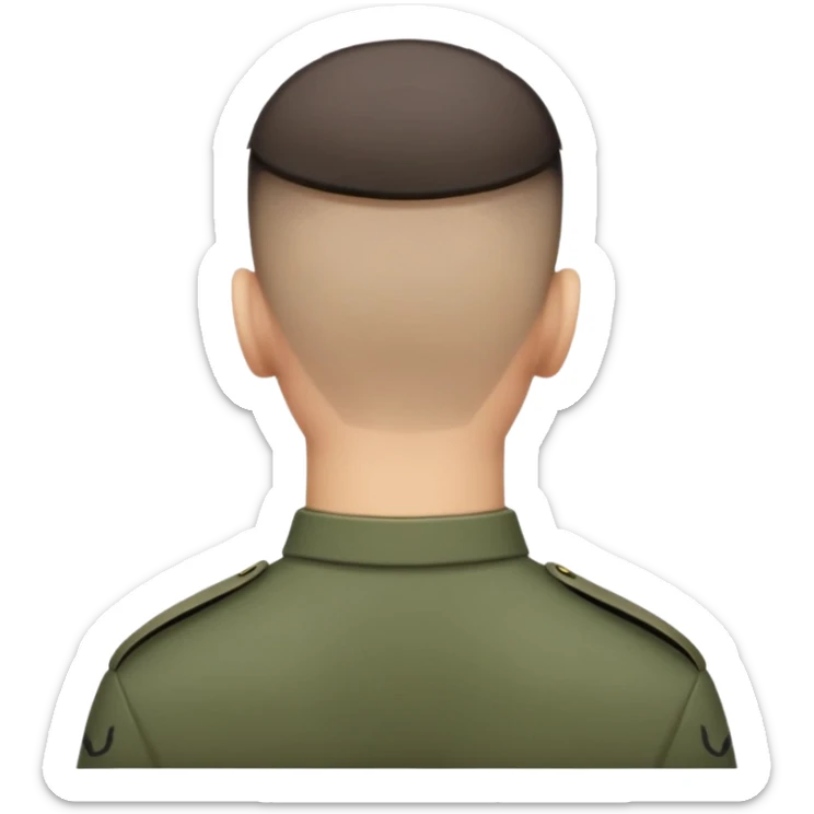 back of a soldier's head with military haircut, showing short hair and neck sticker