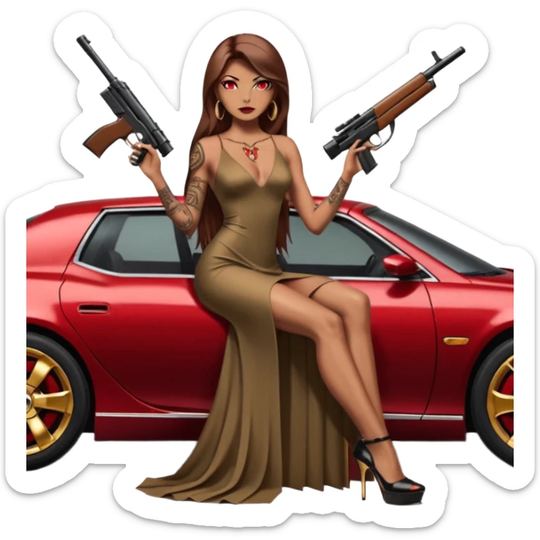 Lilith tan skinfemale red eyes symbol. Tattoo arms. Her hair is brown straight long hair.wearing sexy long elegant dress with slit. black stiletto thick platform high heels shoes on. Sitting on gold giant luxury car with cash inside . She is holding a sniper rifle in one hand cash in other hand sticker
