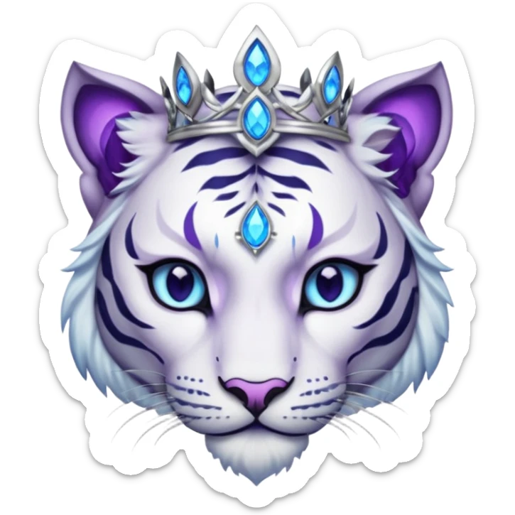 ESO Female white/black tiger khajiit leader of the umbral rose, glowing blue eyes, glowing blue 'third eye' gem; purple gem silver tiara sticker