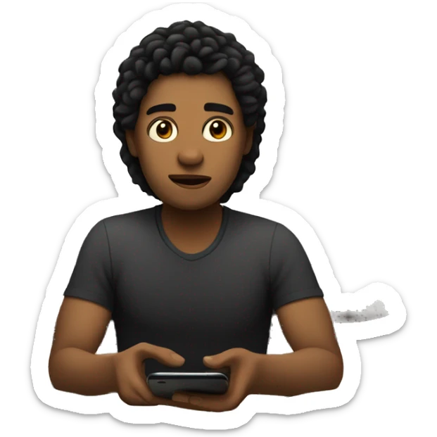 A white person with black hair sits on the edge of a bed, focused on their phone in a dimly lit room sticker