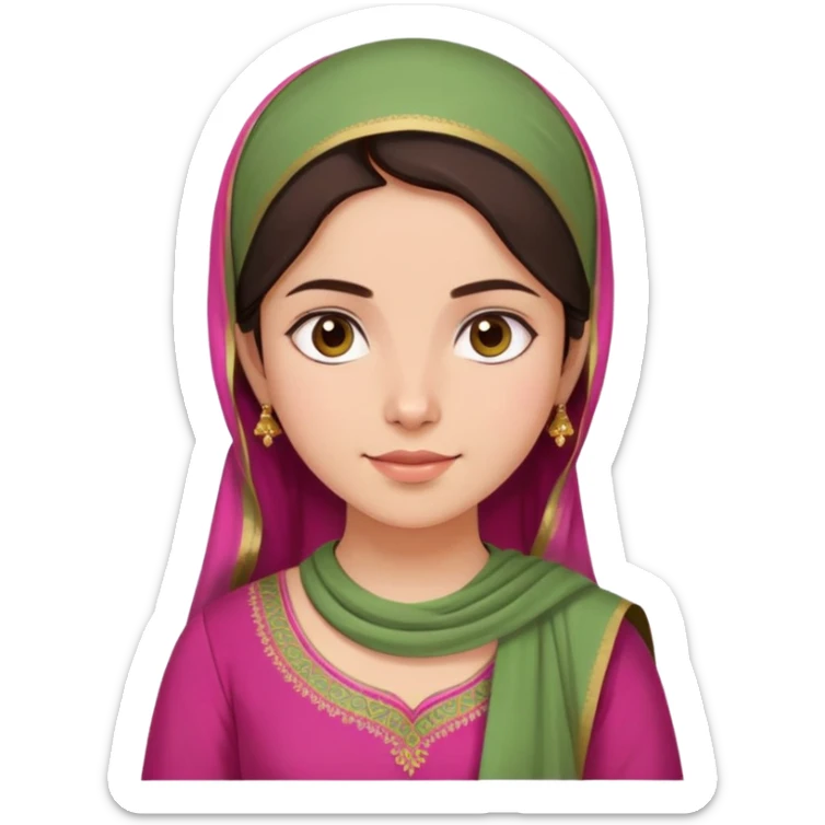 girl with light wheatish skin, dark brown hair, wearing dark pink kurti with sage green dupatta on head sticker
