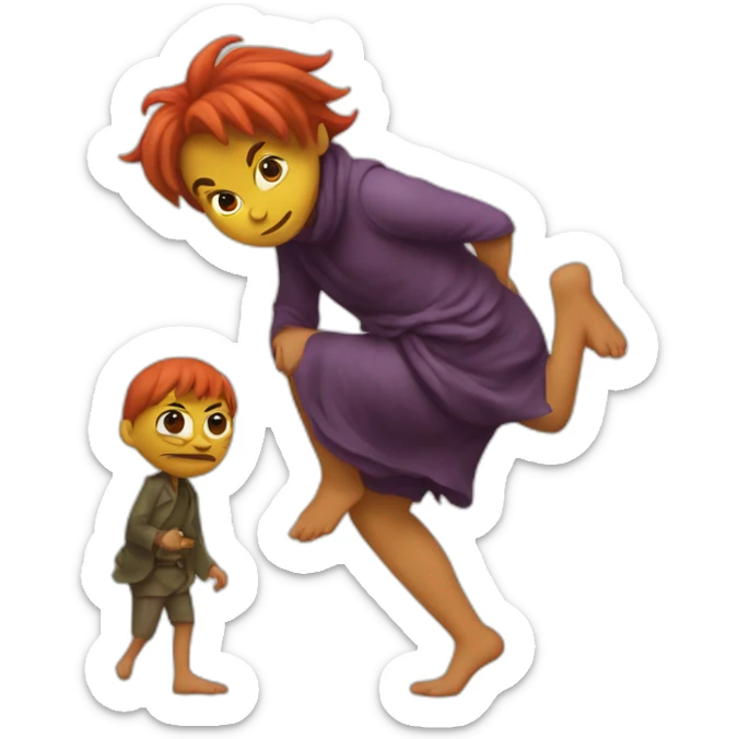 A little imp sneaks on tiptoe with a disgruntled face and carries a woman's leg sticker