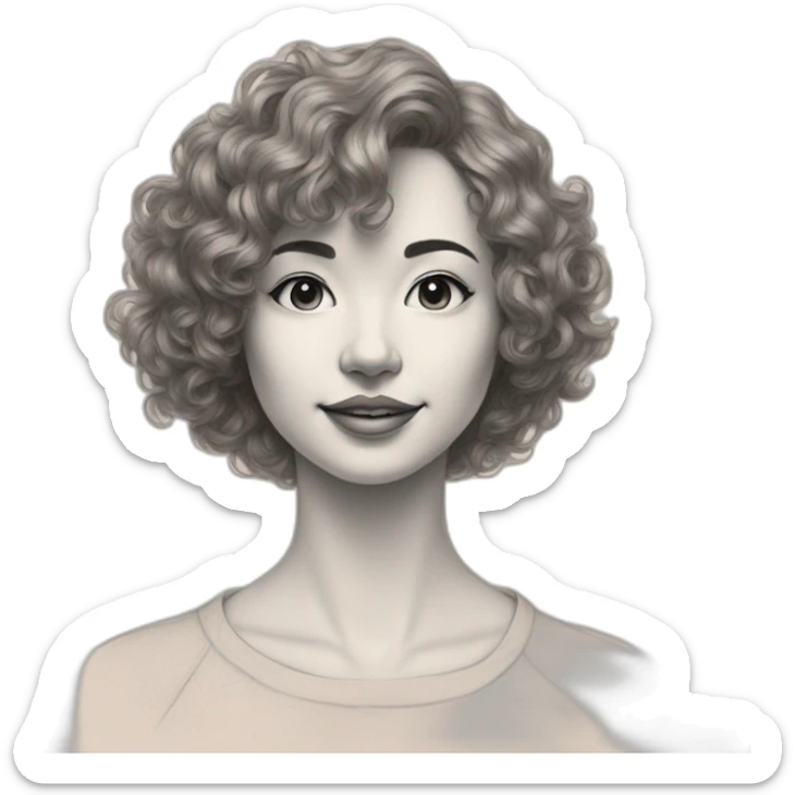 Drawing sketch of whole body woman with short wavy hair on paper red crayon sticker