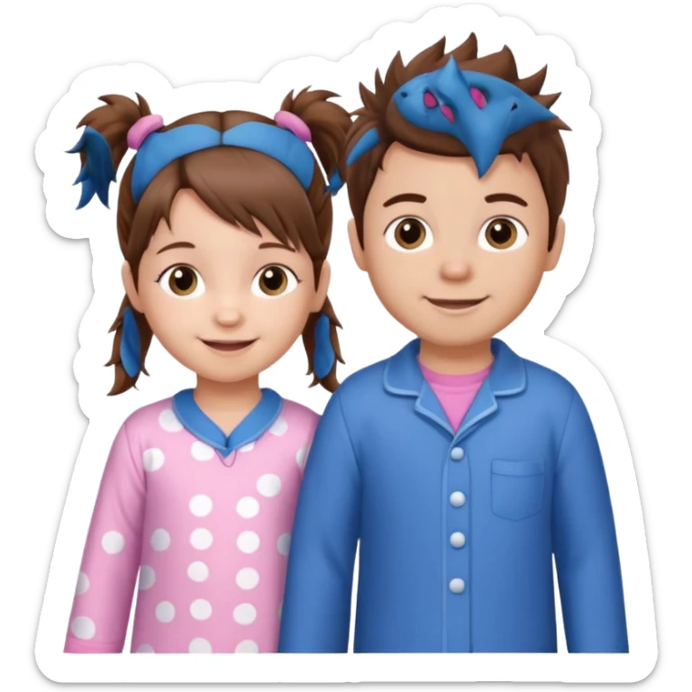 A toddler girl with brown hair with two pig tails, wearing pink pajamas and a bigger 4 year old boy with spikey brown hair, wearing blue pajamas. Both light skin and smiling.  sticker