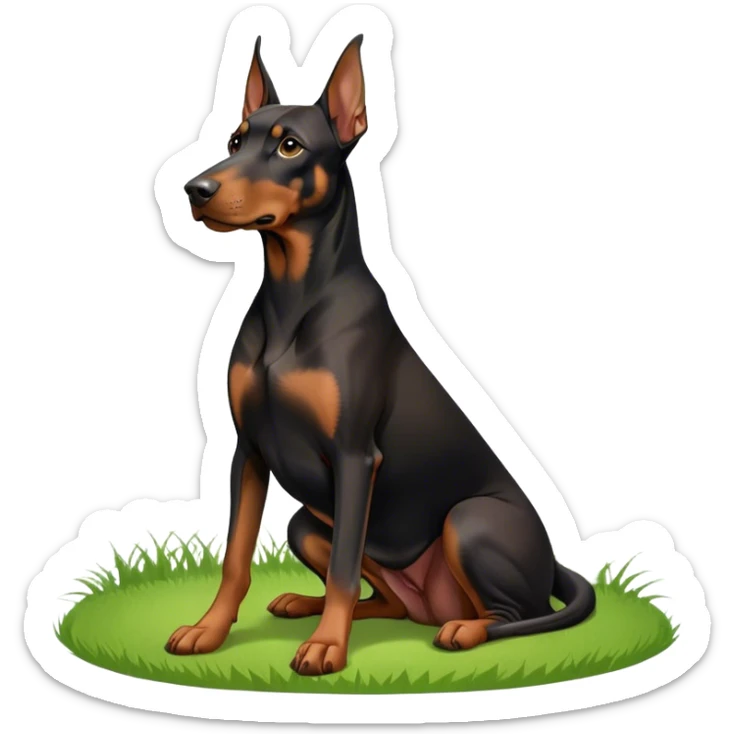 Close-up of a Doberman Pinscher sitting on lush green grass, looking alert and majestic. The background features a beautiful, serene nature view with rolling hills and bright blue skies. The dog’s sleek black and tan coat shines under the sun. Transparent background. sticker