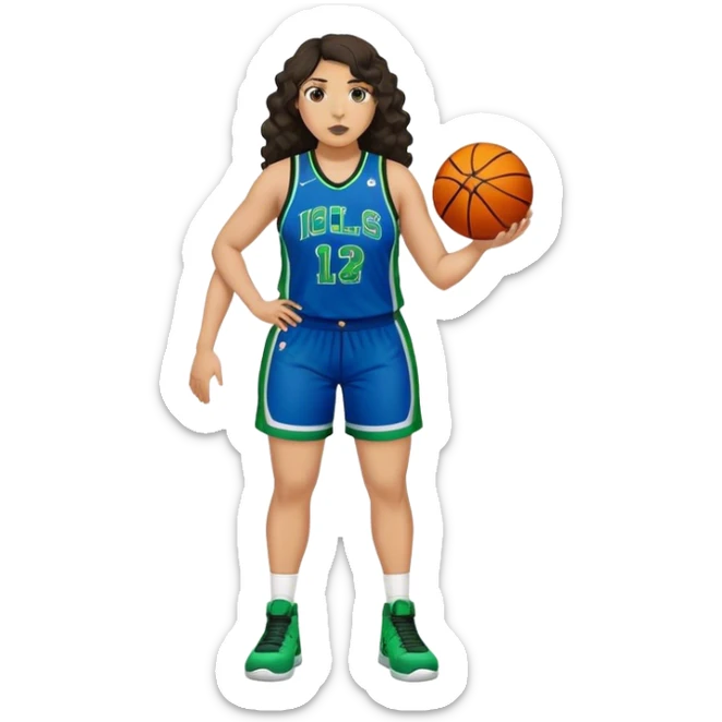 full body plus size light skin latino women basketball player with wavy dark hair large wide nose wearing blue with green uniform sticker