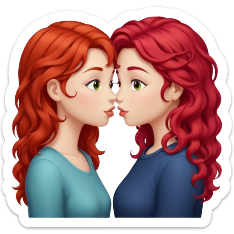 two girls kissing. one with straight bright red hair, the other with long curly brown hair sticker